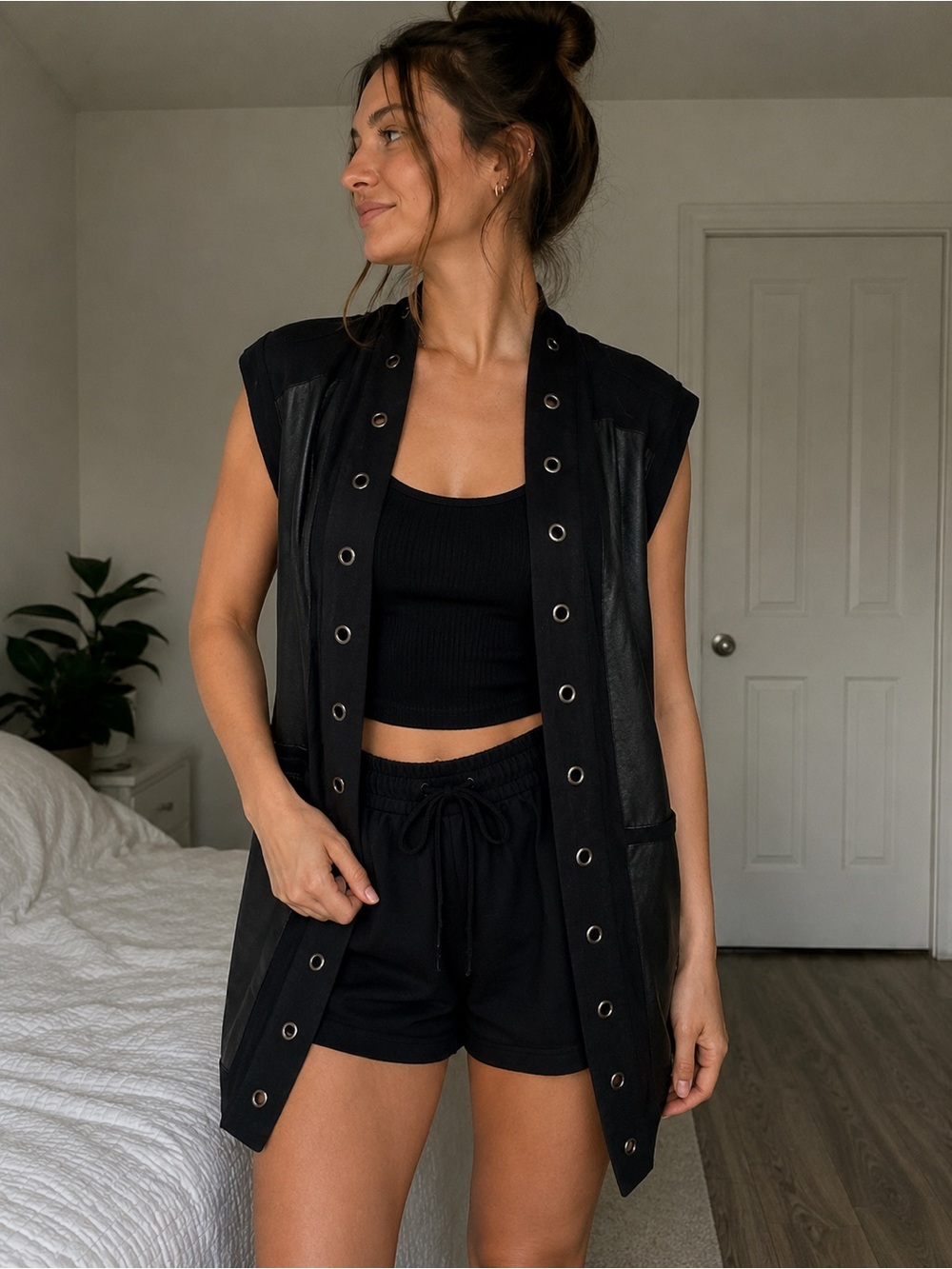 Nygard Black Sleeveless Open Vest with Eyelet Trim